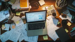 Cluttered office desk covered in printed spreadsheets and sticky notes with a clean digital dashboard glowing on a laptop screen - representing the shift from manual processes to streamlined workflows